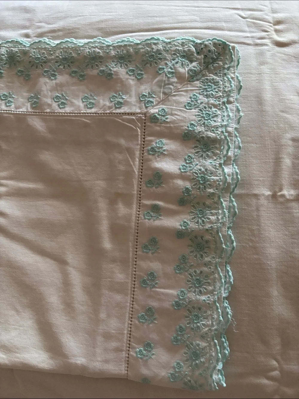Vintage, 2 Hand Made Embroidered White Pillowcases, Light Blue Scalloped Trim